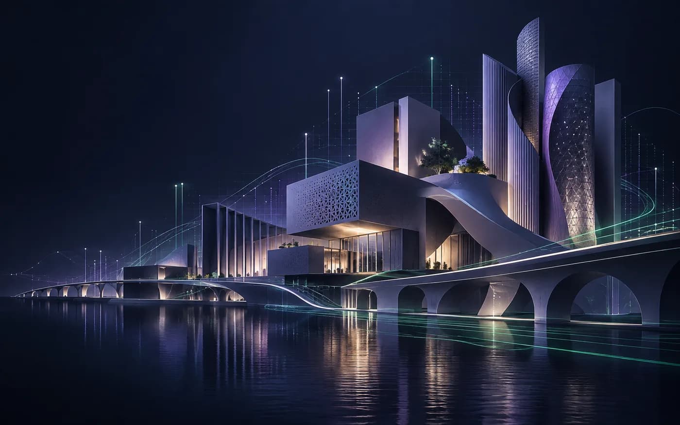 Abstract infrastructure connected by fine violet and emerald data paths